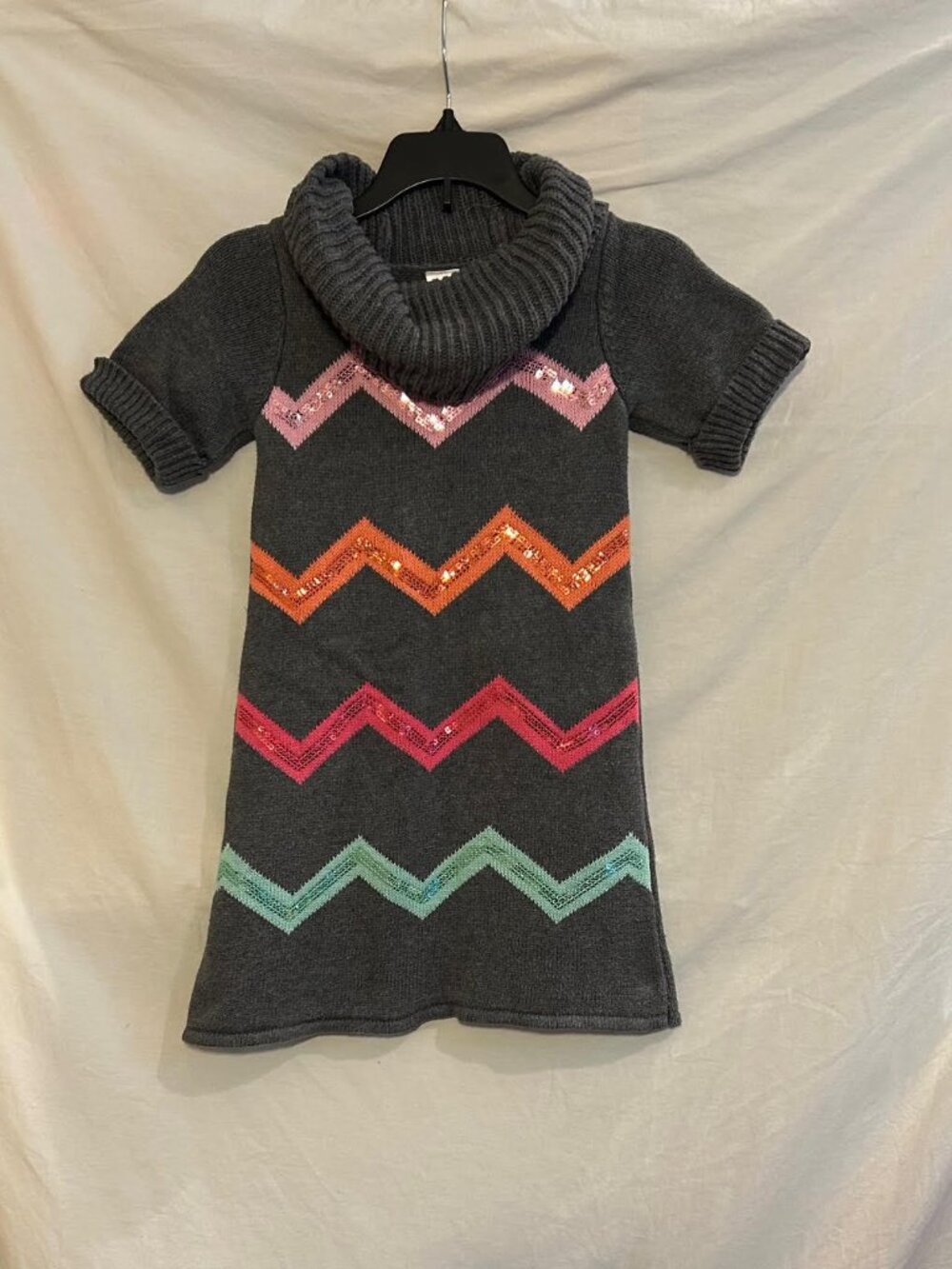 Gymboree Girls 5 Gray Multi Sequin Striped Short Sleeve Cowl Neck Sweater Dress